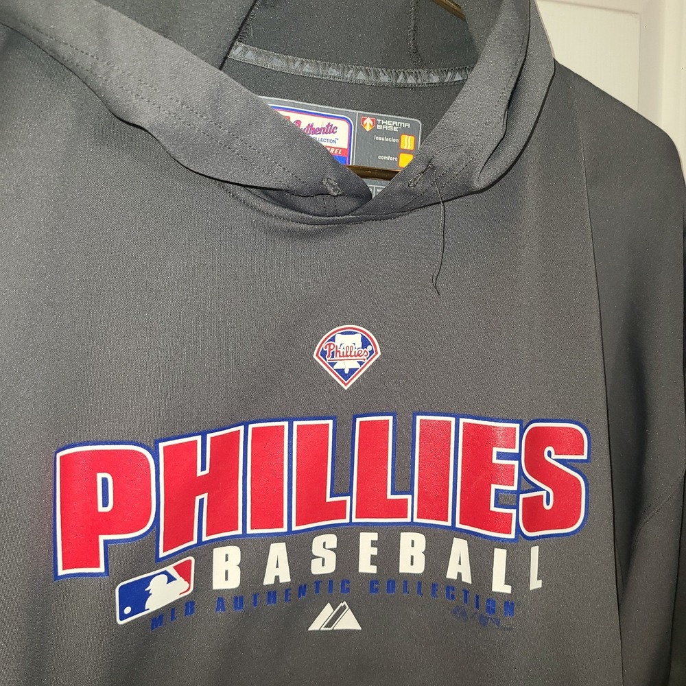 Phillies MLB Authentic Collection Hoodie Gray Sz 2XL Majestic Therma Base Pocket